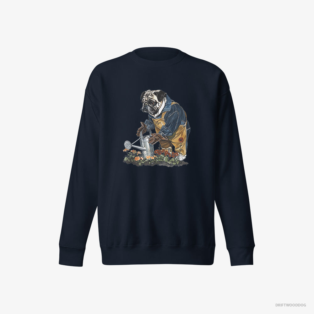 Pug Sweatshirt – Men Navy Sweatshirt Eco-Friendly – Watering Flowers (on White Background)