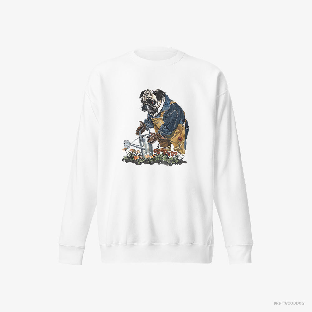 Pug Sweatshirt – Men White Sweatshirt Eco-Friendly – Watering Flowers (on White Background)