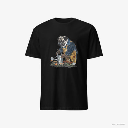 Pug Watering Flowers Black T-Shirt