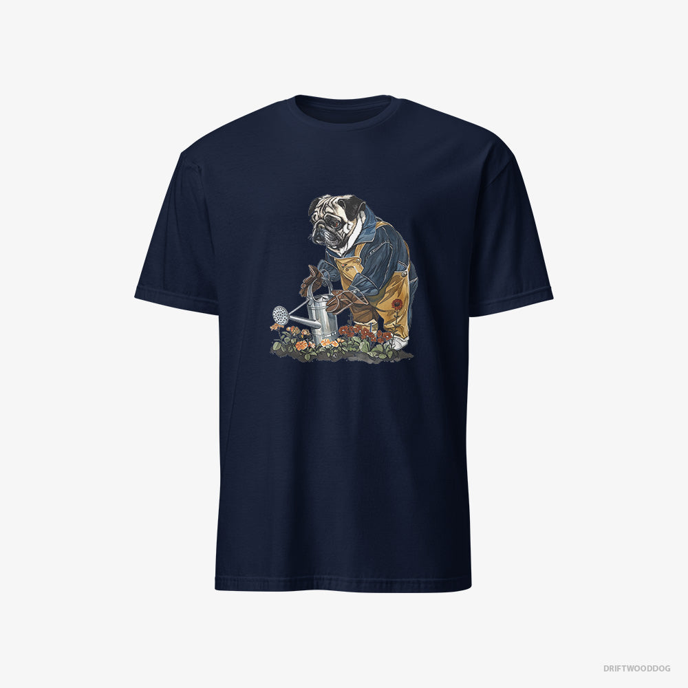 Pug T-Shirt – Men Navy T-Shirt Classic – Watering Flowers (on White Background)