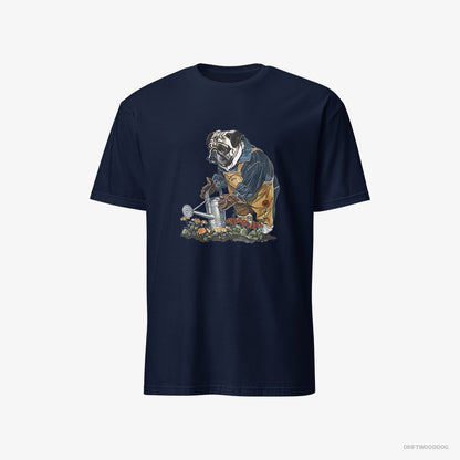 Pug Watering Flowers Navy T-Shirt