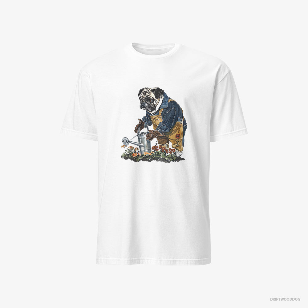 Pug T-Shirt – Men White T-Shirt Classic – Watering Flowers (on White Background)