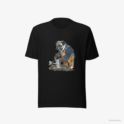 Pug Watering Flowers Black T-Shirt