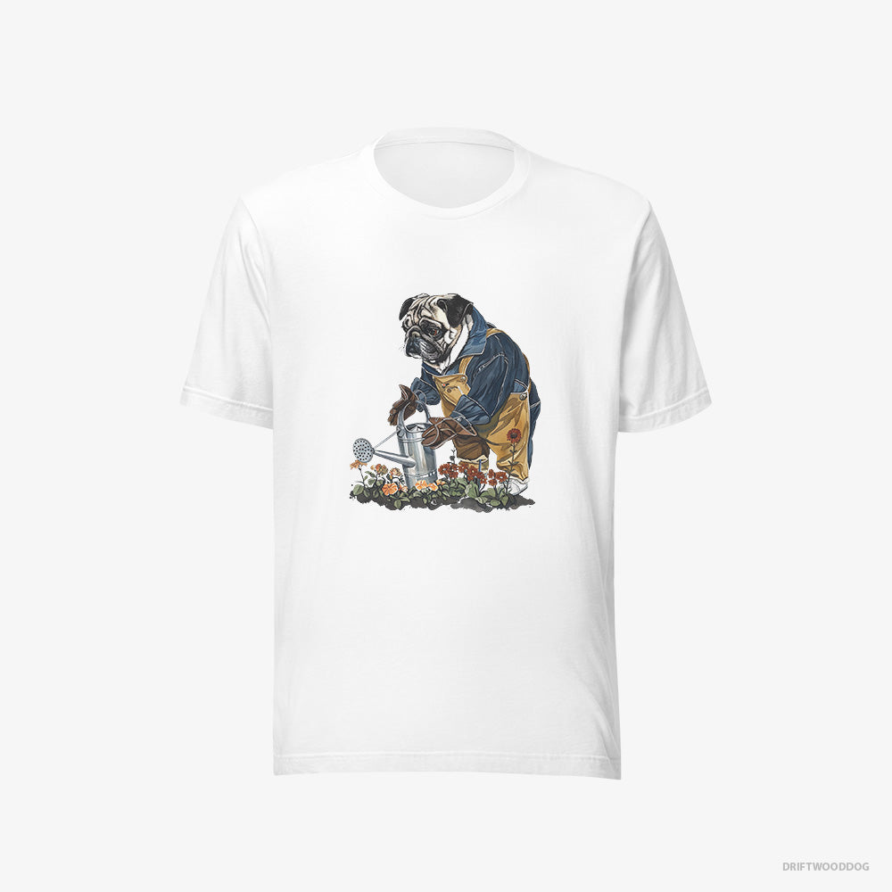 Pug T-Shirt – Men White T-Shirt Eco-Friendly – Watering Flowers (on White Background)