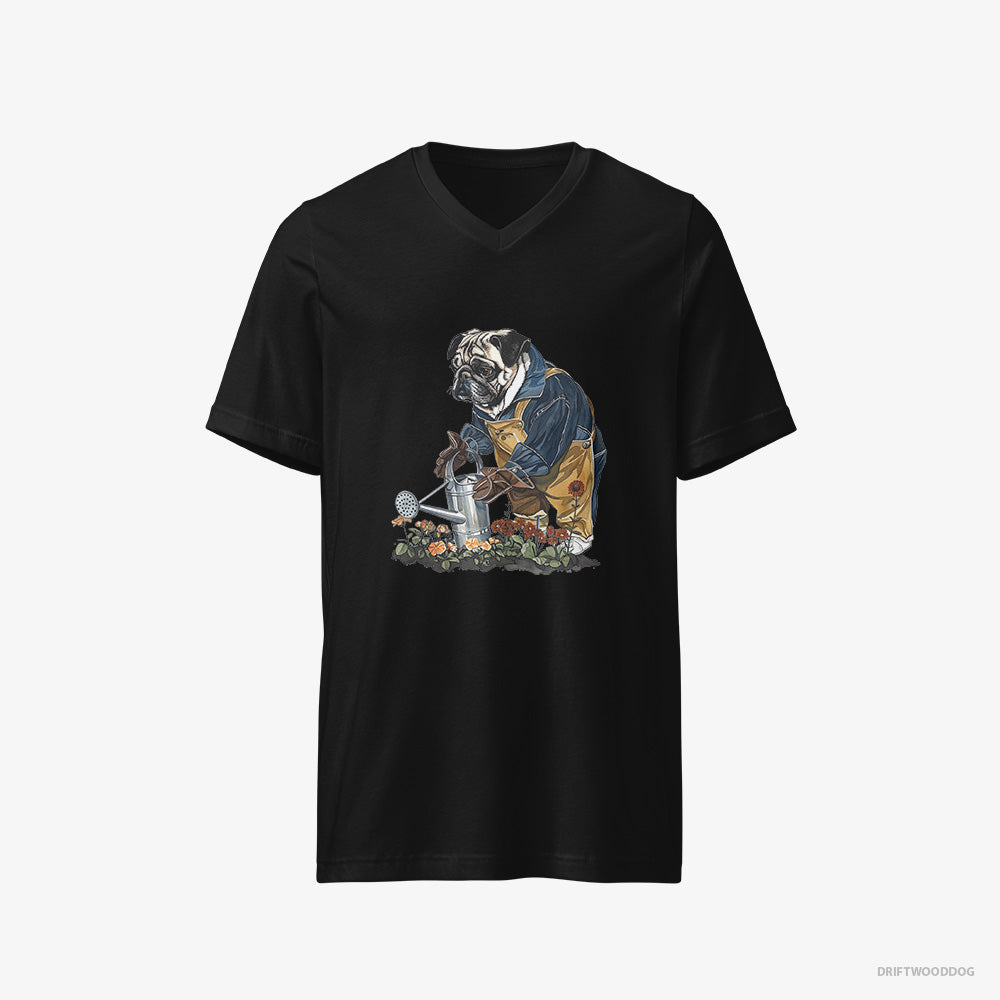 Pug T-Shirt – Men Black T-Shirt V-Neck – Watering Flowers (on White Background)