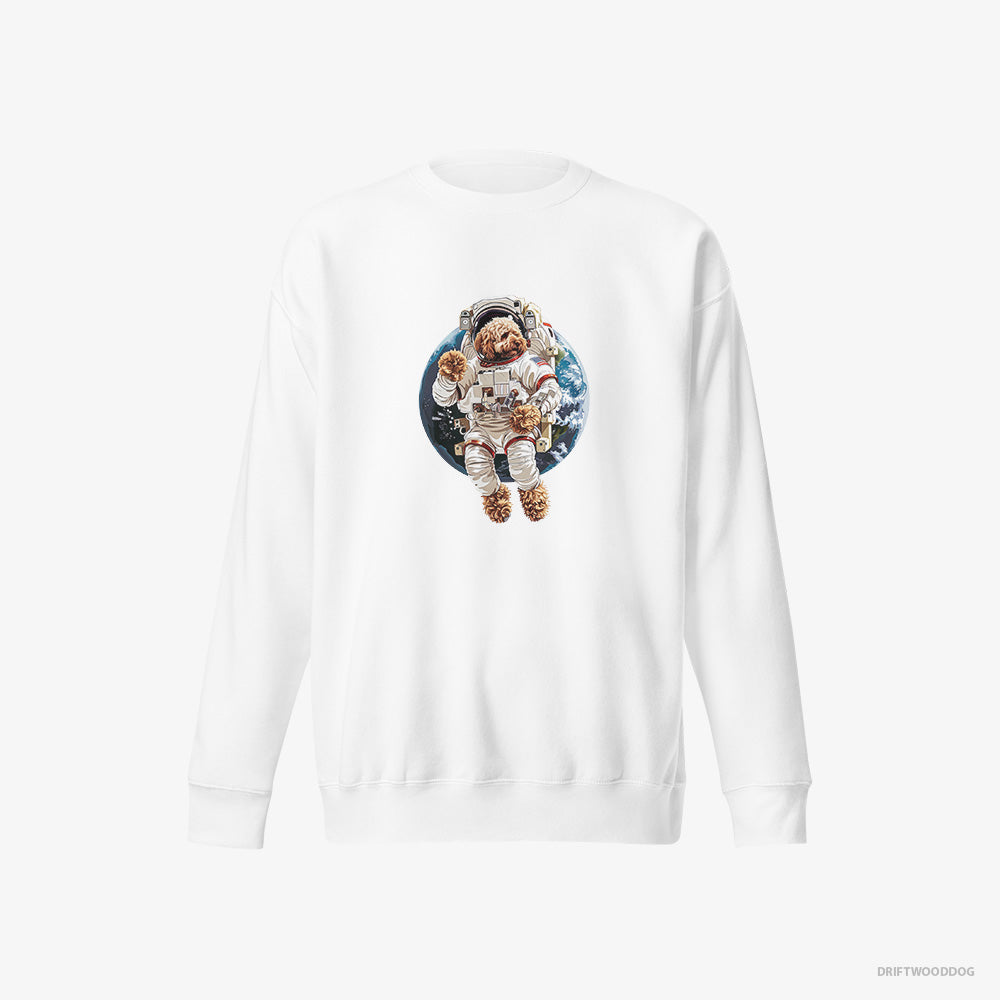 Poodle Sweatshirt – Women White Sweatshirt Eco-Friendly – in a Space Suit (on White Background)