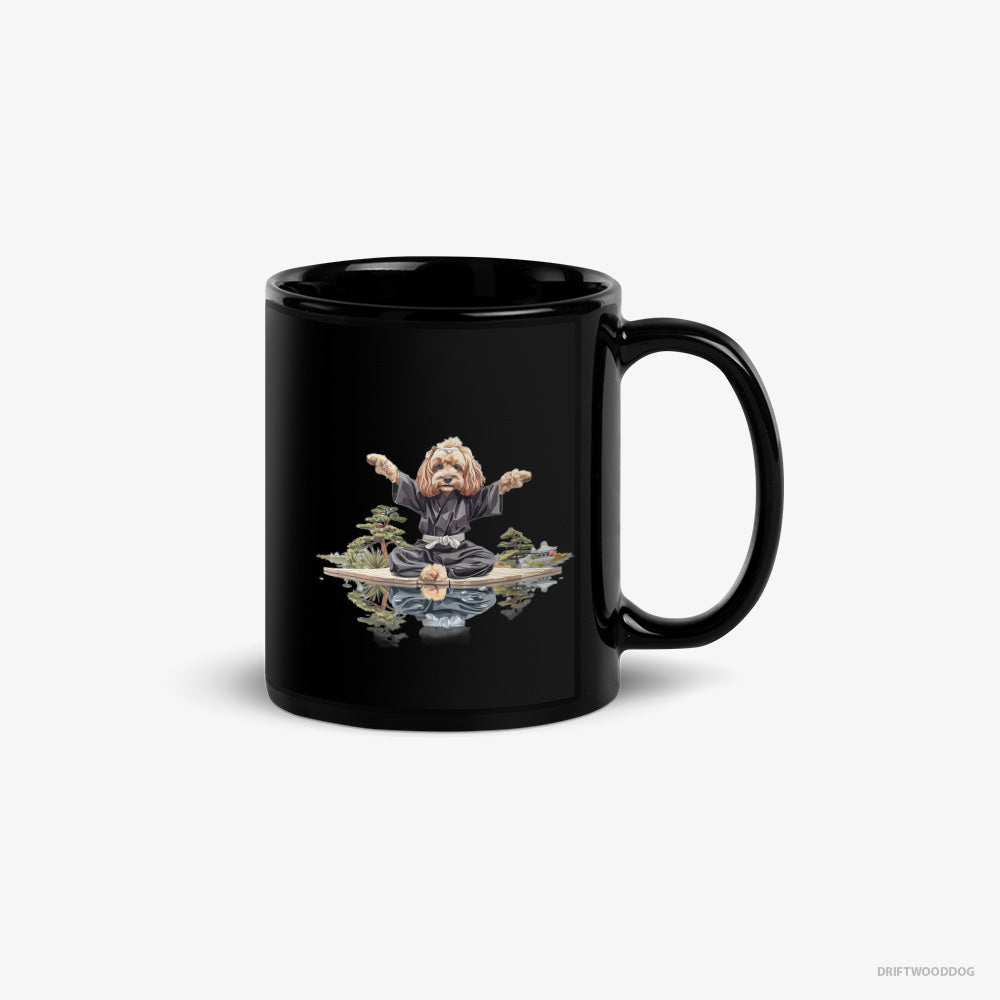 Poodle Mug – Unisex Black Mug Classic – in a Black Ninja Outfit in a Zen Garden (on White Background)