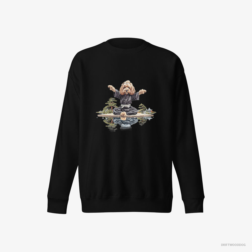 Poodle Sweatshirt – Men Black Sweatshirt Eco-Friendly – in a Black Ninja Outfit in a Zen Garden (on White Background)