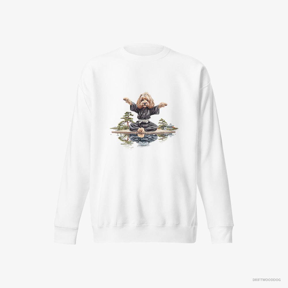 Poodle Sweatshirt – Women White Sweatshirt Eco-Friendly – in a Black Ninja Outfit in a Zen Garden (on White Background)