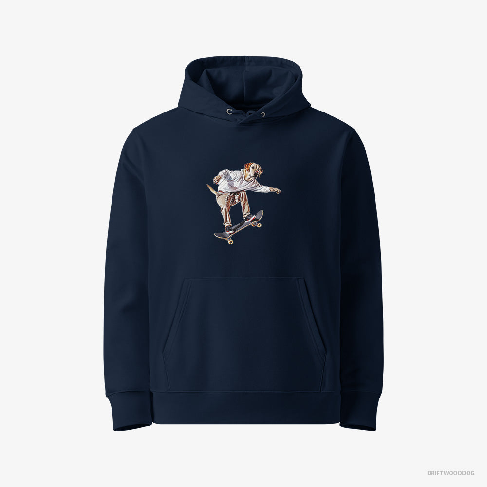 Labrador Retriever Hoodie – Women Navy Hoodie Eco-Friendly – as a Skateboarder (on White Background)