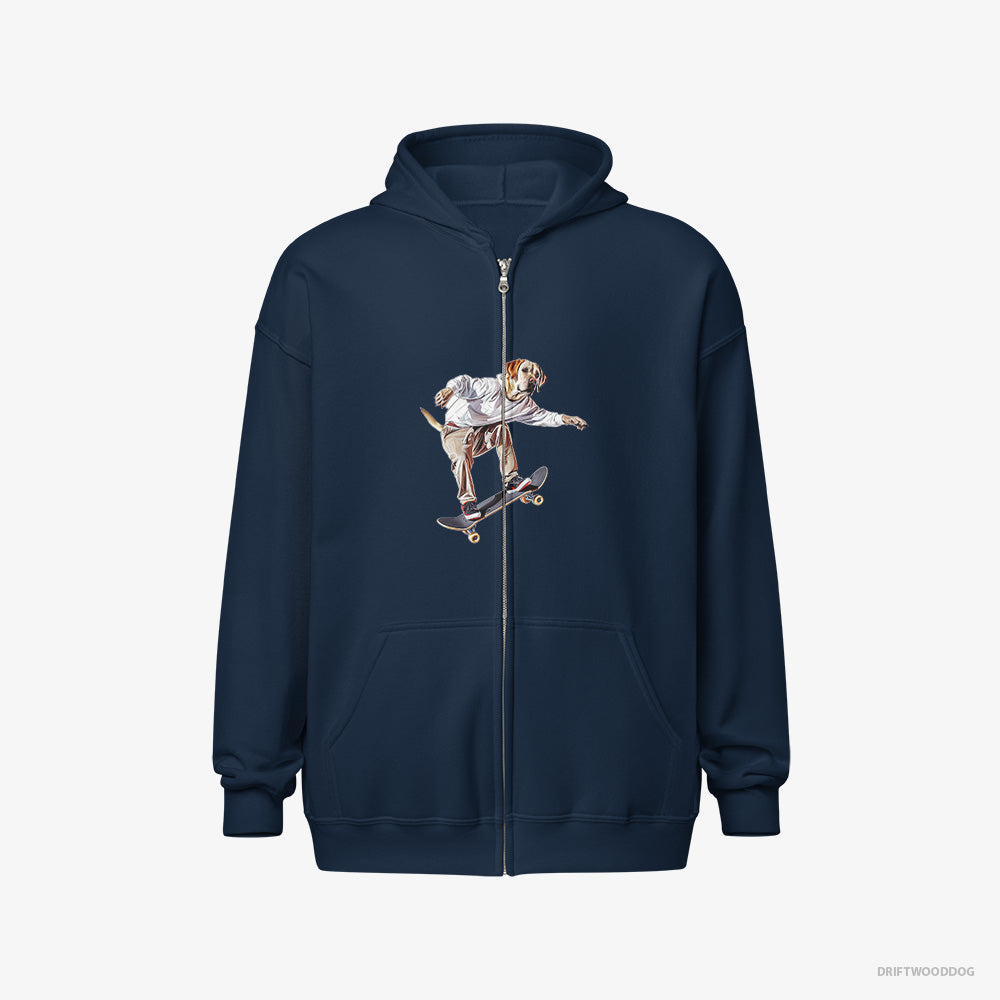 Labrador Retriever Hoodie – Women Navy Hoodie Full-Zip – as a Skateboarder (on White Background)