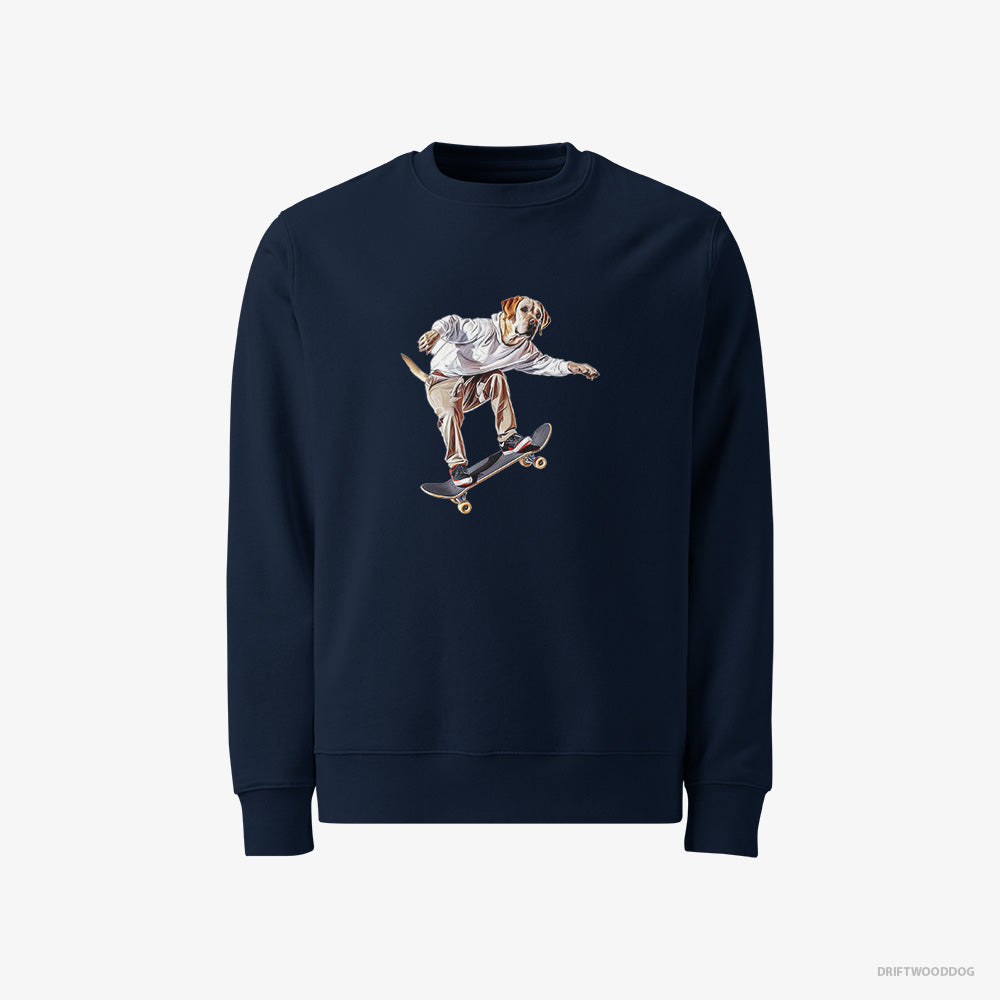 Labrador Retriever Sweatshirt – Women Navy Sweatshirt Classic – as a Skateboarder (on White Background)