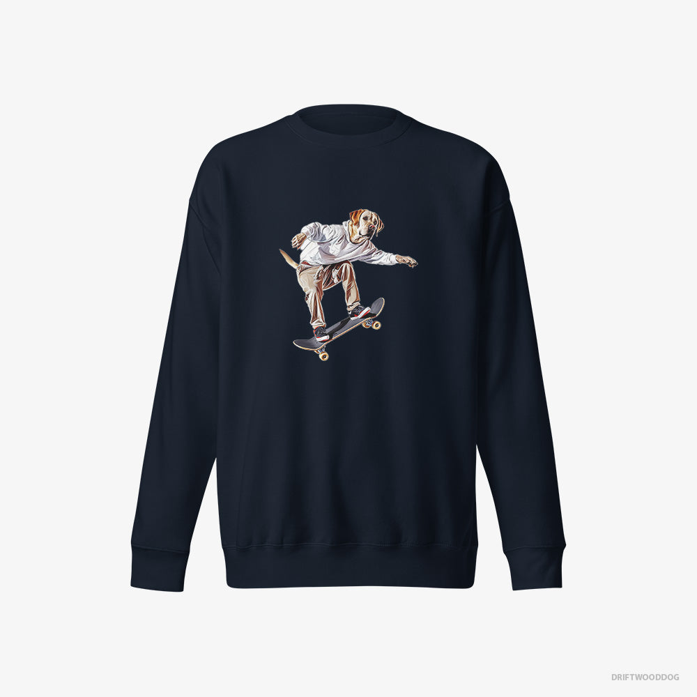 Labrador Retriever Sweatshirt – Women Navy Sweatshirt Eco-Friendly – as a Skateboarder (on White Background)