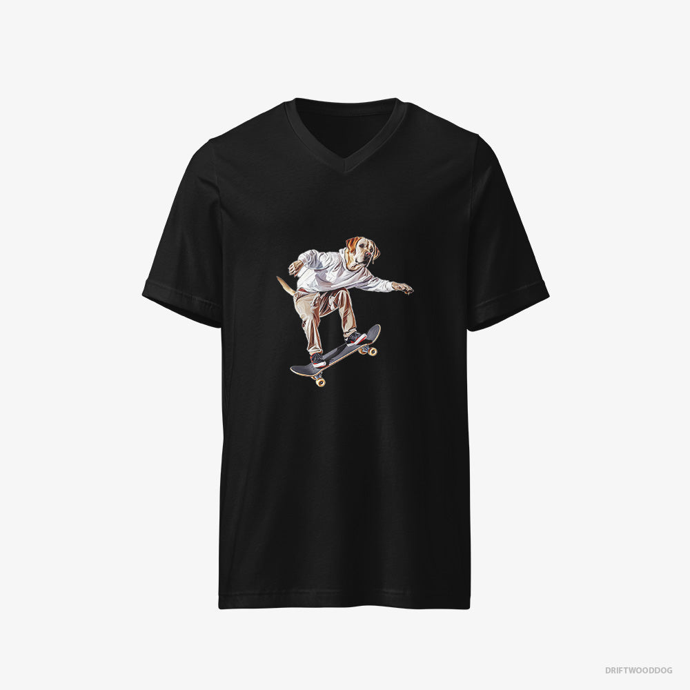 Labrador Retriever T-Shirt – Women Black T-Shirt V-Neck – as a Skateboarder (on White Background)