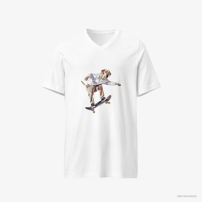 Labrador Retriever T-Shirt – Women White T-Shirt V-Neck – as a Skateboarder (on White Background)