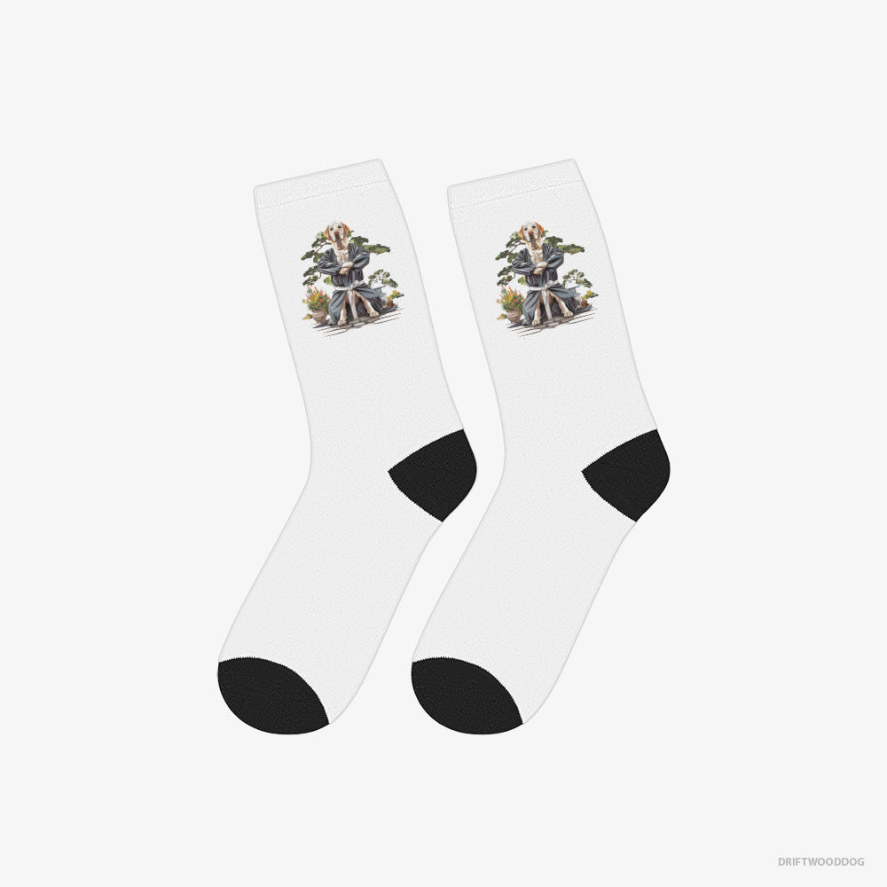 Labrador Retriever Socks – Unisex White Socks Classic – Practicing Ninja Moves (on White Background)