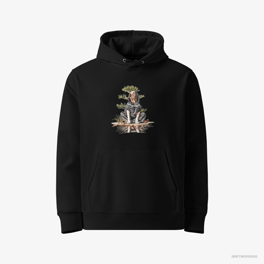 Labrador Retriever Hoodie – Women Black Hoodie Eco-Friendly – as a Shadowy Ninja Among Japanese Plants (on White Background)