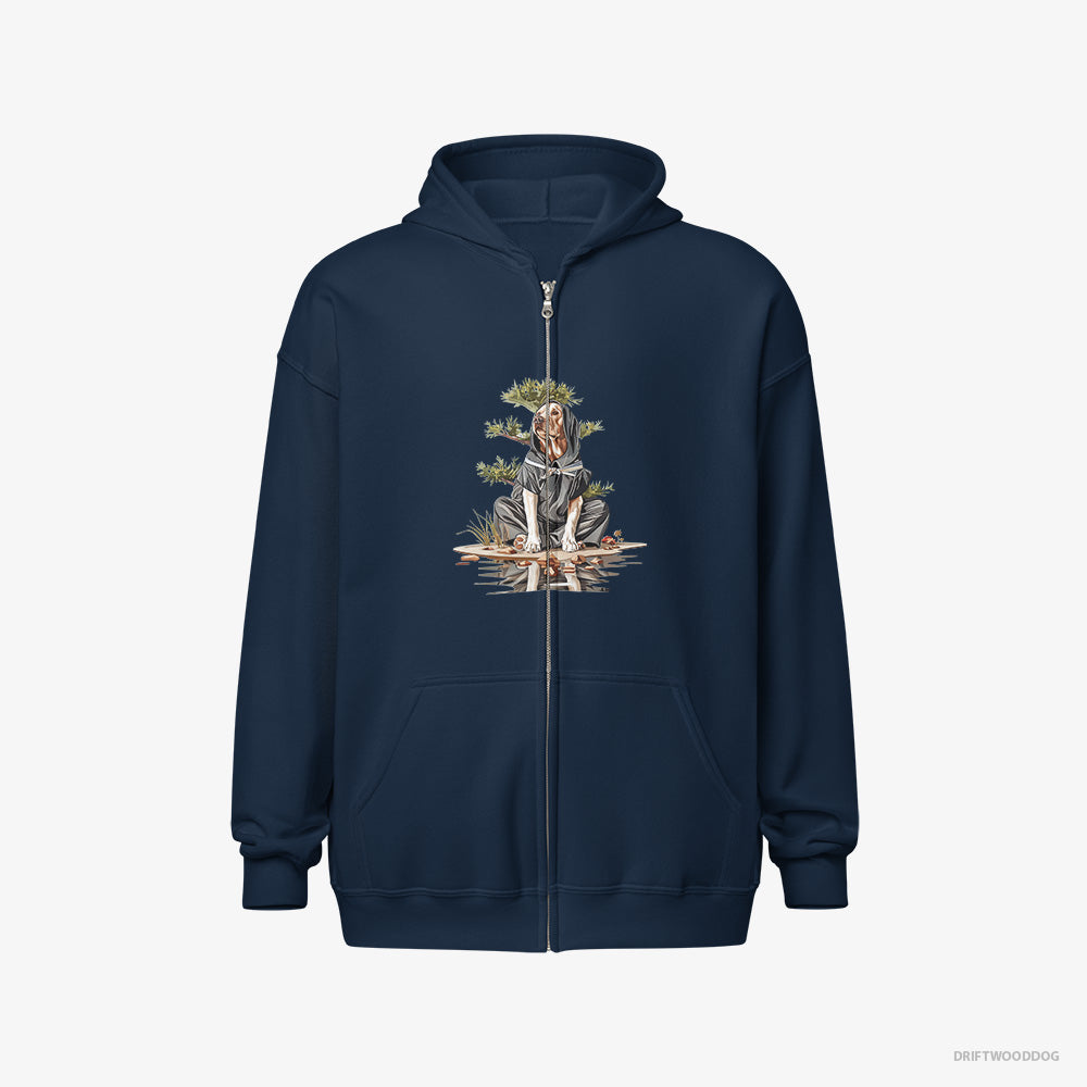 Labrador Retriever Hoodie – Men Navy Hoodie Full-Zip – as a Shadowy Ninja Among Japanese Plants (on White Background)