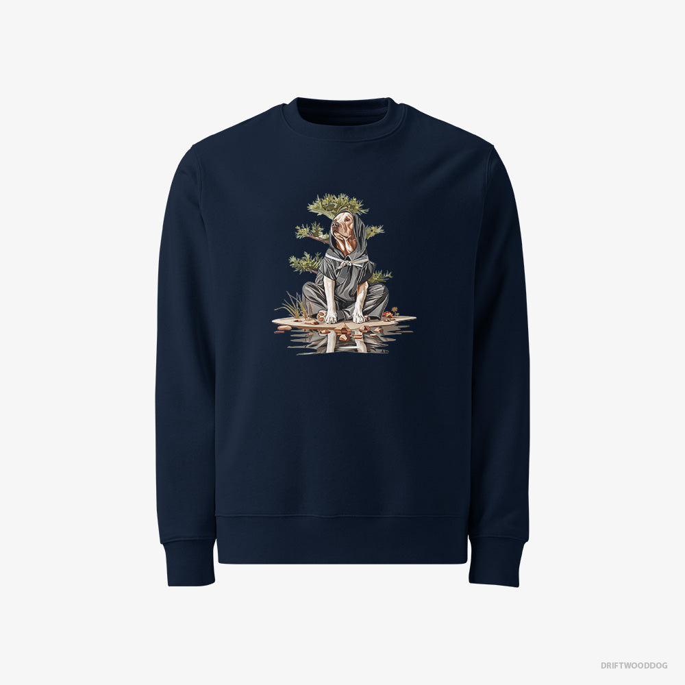 Labrador Retriever Sweatshirt – Men Navy Sweatshirt Classic – as a Shadowy Ninja Among Japanese Plants (on White Background)