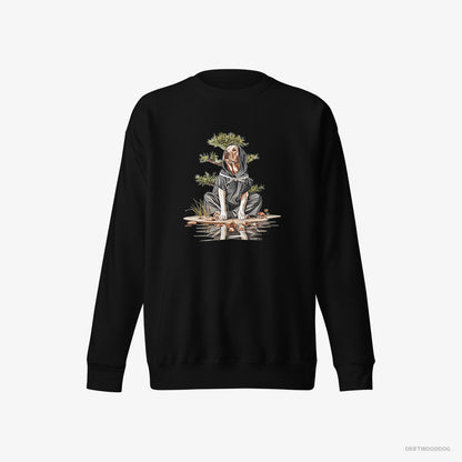 Labrador Retriever Sweatshirt – Men Black Sweatshirt Eco-Friendly – as a Shadowy Ninja Among Japanese Plants (on White Background)