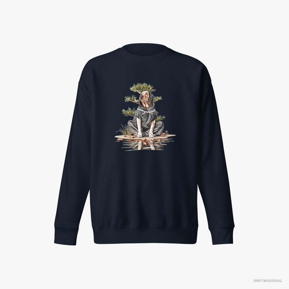 Labrador Retriever Sweatshirt – Men Navy Sweatshirt Eco-Friendly – as a Shadowy Ninja Among Japanese Plants (on White Background)