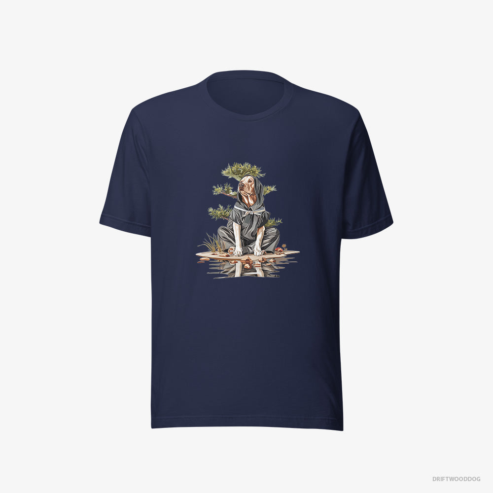 Labrador Retriever T-Shirt – Women Navy T-Shirt Eco-Friendly – as a Shadowy Ninja Among Japanese Plants (on White Background)