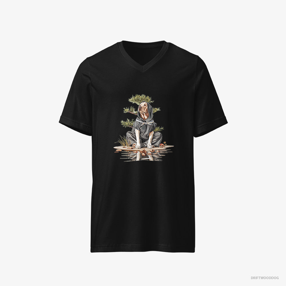 Labrador Retriever T-Shirt – Men Black T-Shirt V-Neck – as a Shadowy Ninja Among Japanese Plants (on White Background)