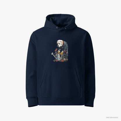 Labrador Retriever Hoodie – Men Navy Hoodie Eco-Friendly – With a Watering Can for Plants (on White Background)