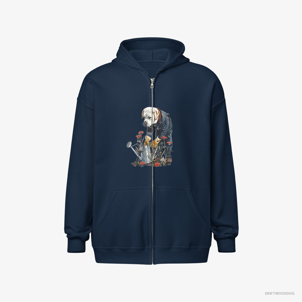 Labrador Retriever Hoodie – Women Navy Hoodie Full-Zip – With a Watering Can for Plants (on White Background)