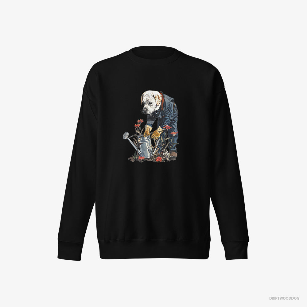 Labrador Retriever Sweatshirt – Women Black Sweatshirt Eco-Friendly – With a Watering Can for Plants (on White Background)