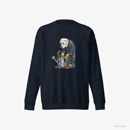 Labrador Retriever Sweatshirt – Men Navy Sweatshirt Eco-Friendly – With a Watering Can for Plants (on White Background)