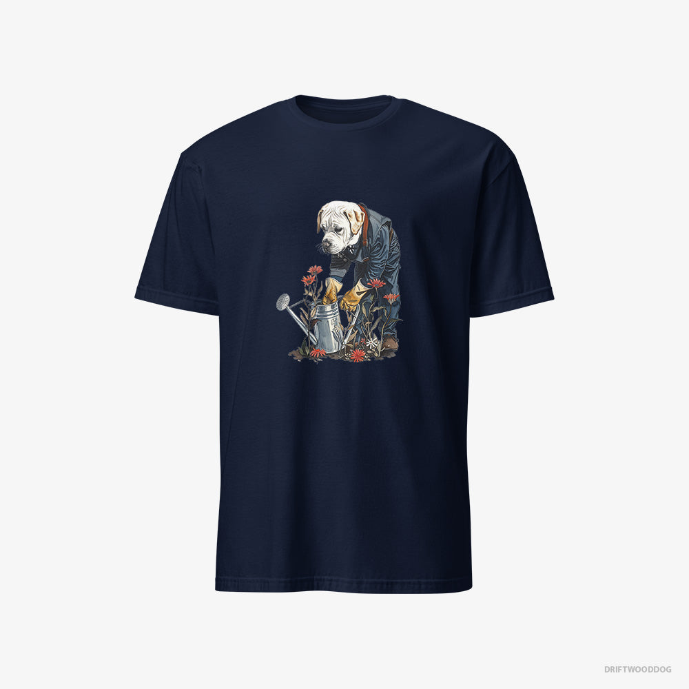 Labrador Retriever T-Shirt – Men Navy T-Shirt Classic – With a Watering Can for Plants (on White Background)