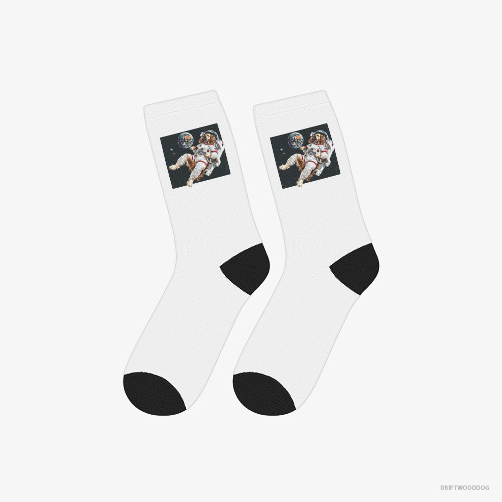 Golden Retriever Socks – Unisex White Socks Classic – Flying in Outer Space (on White Background)