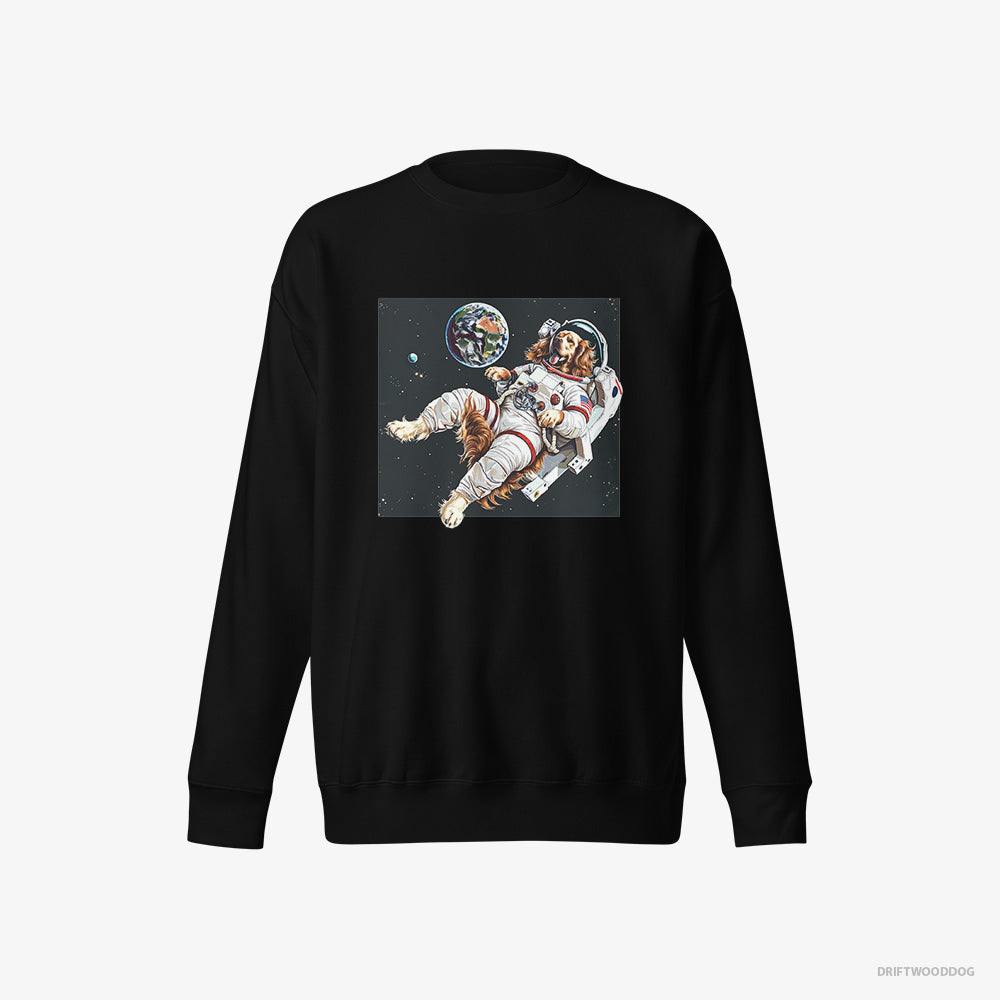 Golden Retriever Sweatshirt – Women Black Sweatshirt Eco-Friendly – Flying in Outer Space (on White Background)