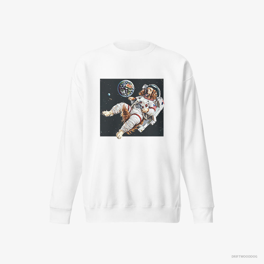 Golden Retriever Sweatshirt – Men White Sweatshirt Eco-Friendly – Flying in Outer Space (on White Background)