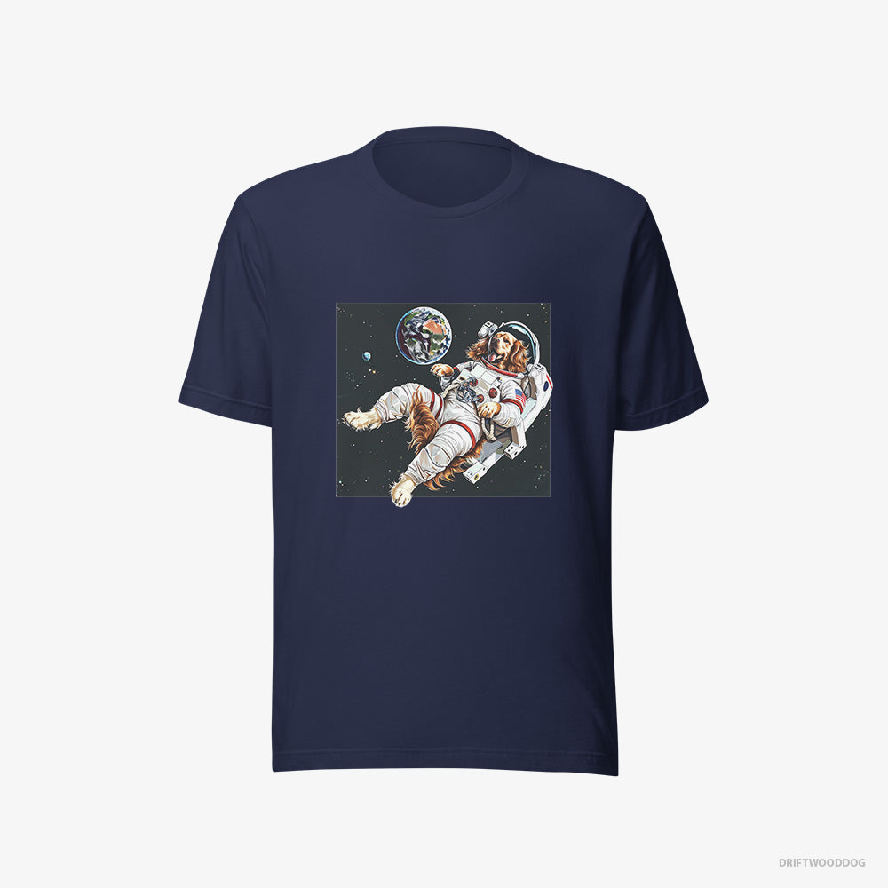 Golden Retriever T-Shirt – Women Navy T-Shirt Eco-Friendly – Flying in Outer Space (on White Background)