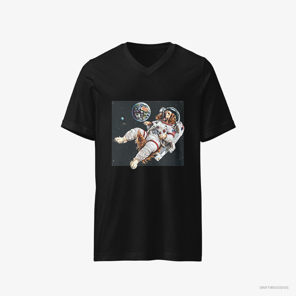 Golden Retriever T-Shirt – Men Black T-Shirt V-Neck – Flying in Outer Space (on White Background)