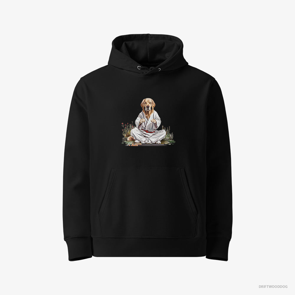 Golden Retriever Hoodie – Women Black Hoodie Eco-Friendly – Wearing Ninja Outfit in Japanese Garden (on White Background)