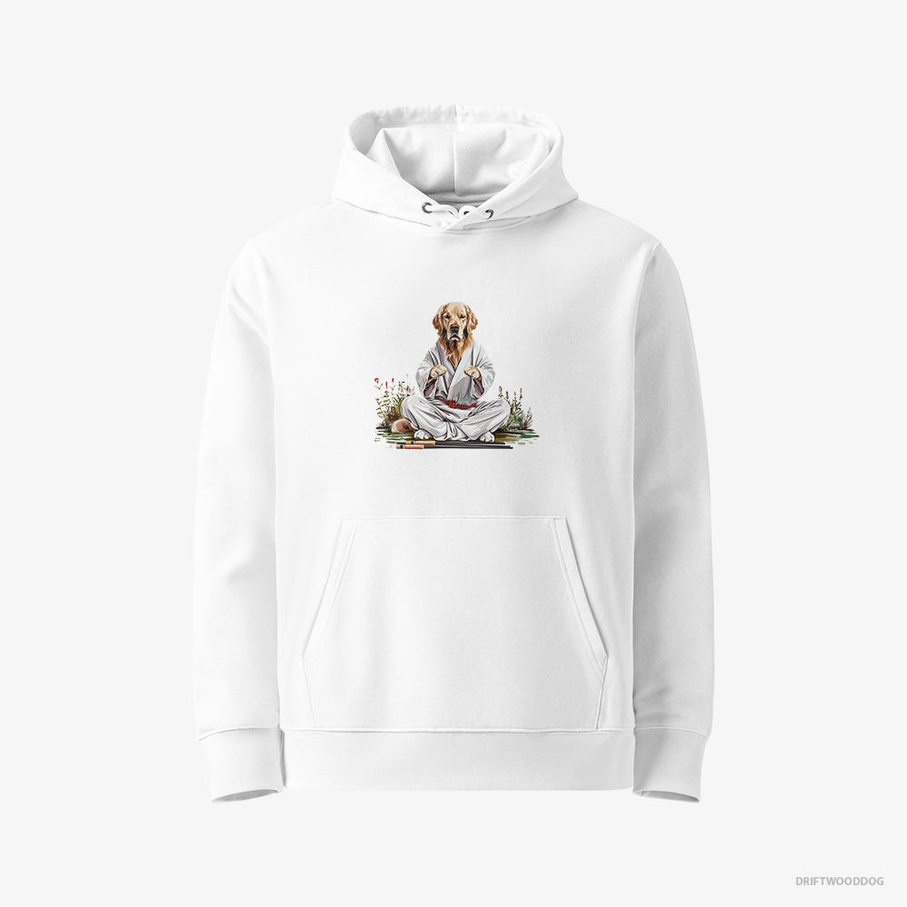 Golden Retriever Hoodie – Men White Hoodie Eco-Friendly – Wearing Ninja Outfit in Japanese Garden (on White Background)