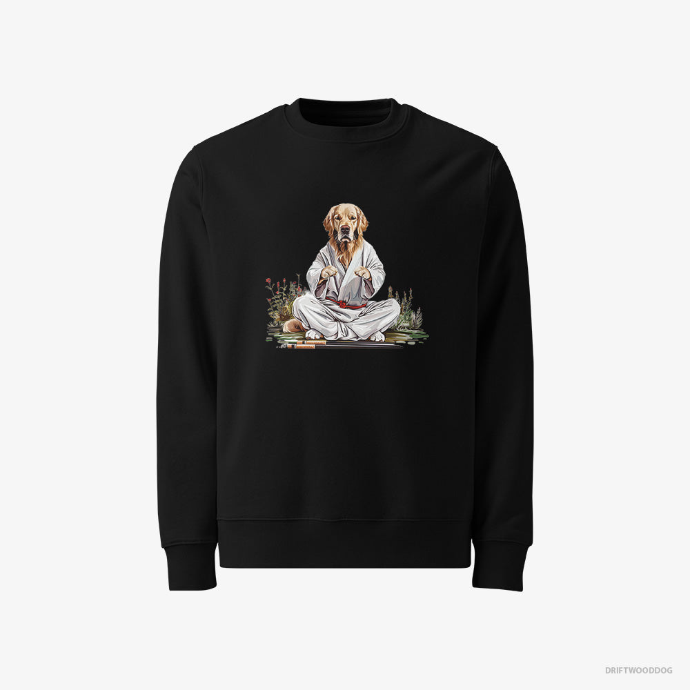 Golden Retriever Sweatshirt – Men Black Sweatshirt Classic – Wearing Ninja Outfit in Japanese Garden (on White Background)