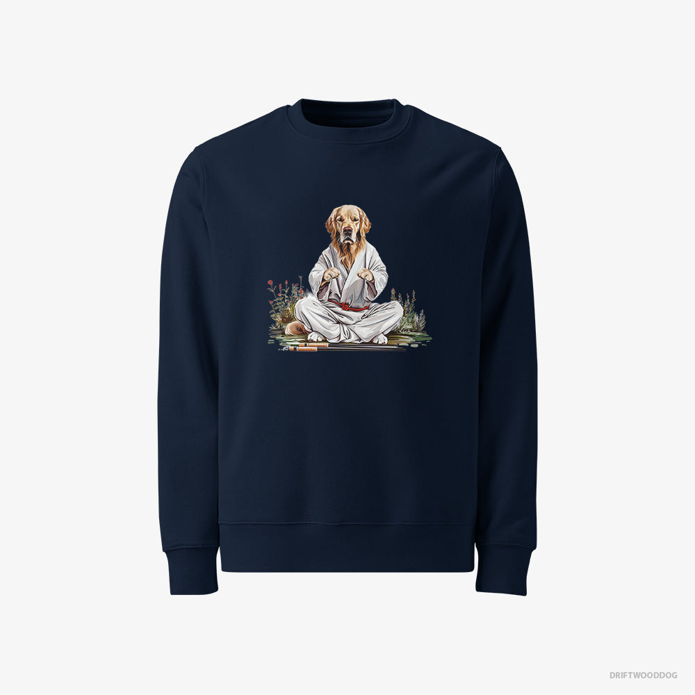 Golden Retriever Sweatshirt – Men Navy Sweatshirt Classic – Wearing Ninja Outfit in Japanese Garden (on White Background)