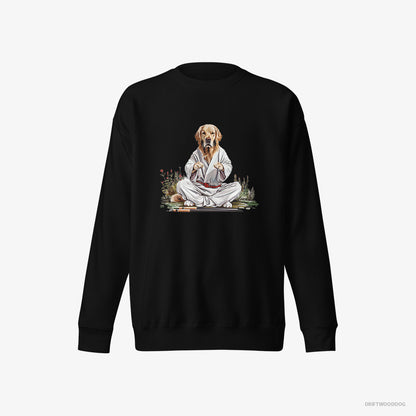 Golden Retriever Sweatshirt – Men Black Sweatshirt Eco-Friendly – Wearing Ninja Outfit in Japanese Garden (on White Background)