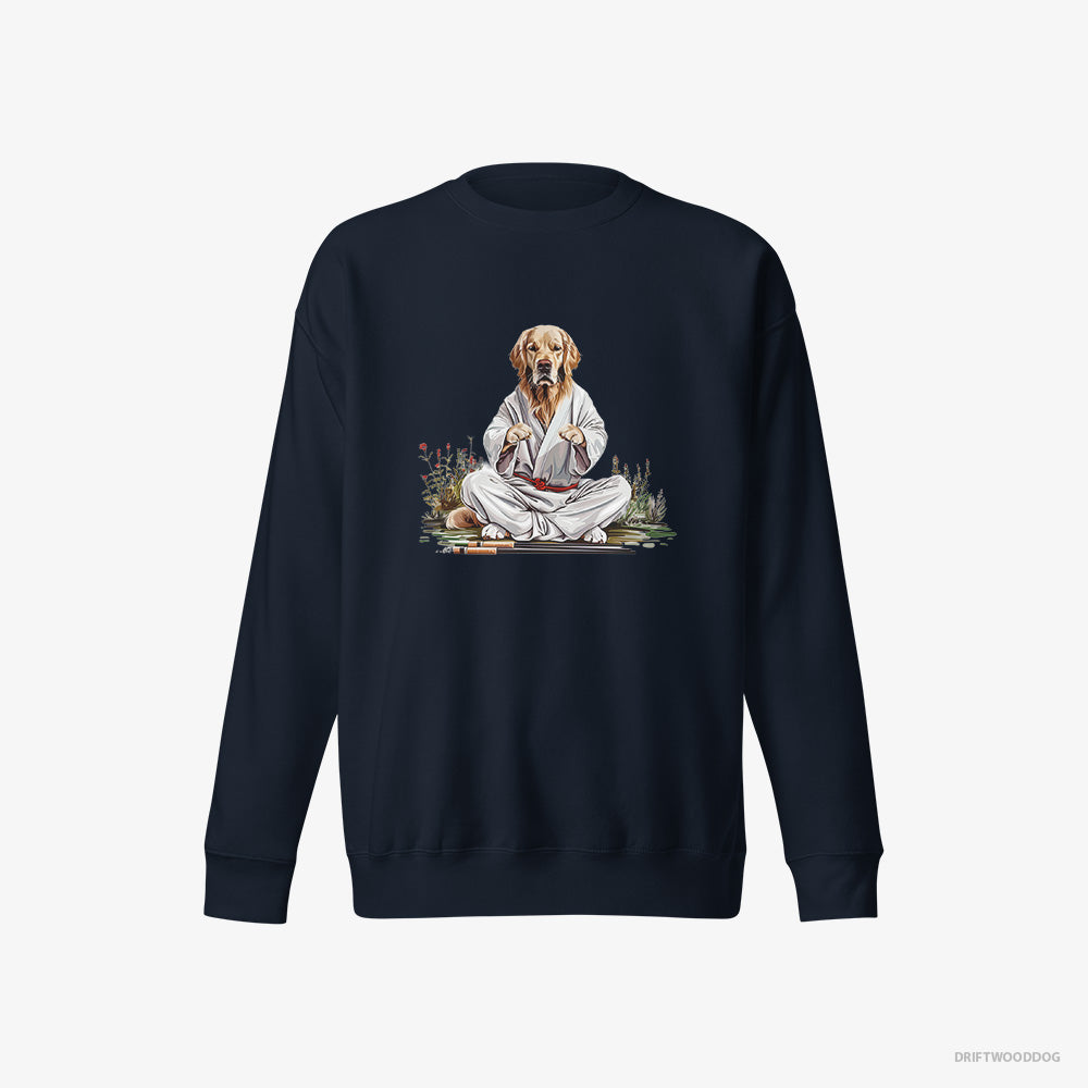 Golden Retriever Sweatshirt – Women Navy Sweatshirt Eco-Friendly – Wearing Ninja Outfit in Japanese Garden (on White Background)