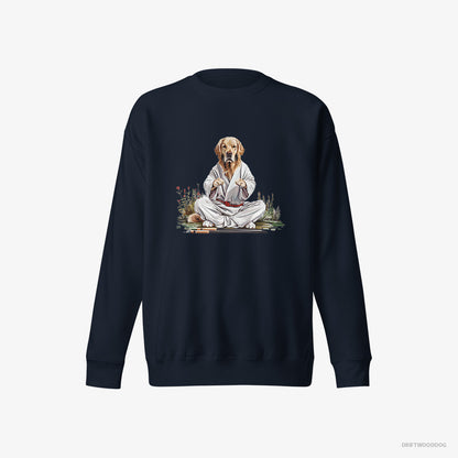 Golden Retriever Wearing Ninja Outfit in Japanese Garden Navy Sweatshirt