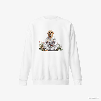 Golden Retriever Wearing Ninja Outfit in Japanese Garden White Sweatshirt