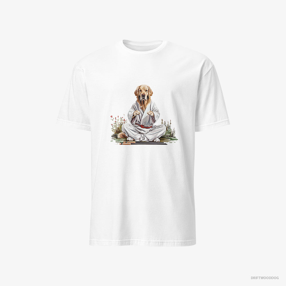 Golden Retriever T-Shirt – Men White T-Shirt Classic – Wearing Ninja Outfit in Japanese Garden (on White Background)