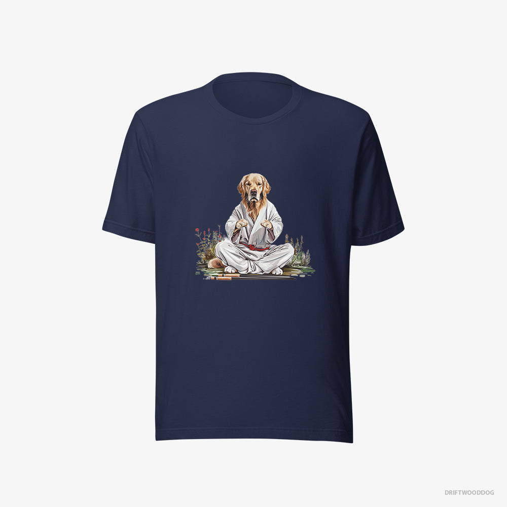 Golden Retriever T-Shirt – Women Navy T-Shirt Eco-Friendly – Wearing Ninja Outfit in Japanese Garden (on White Background)