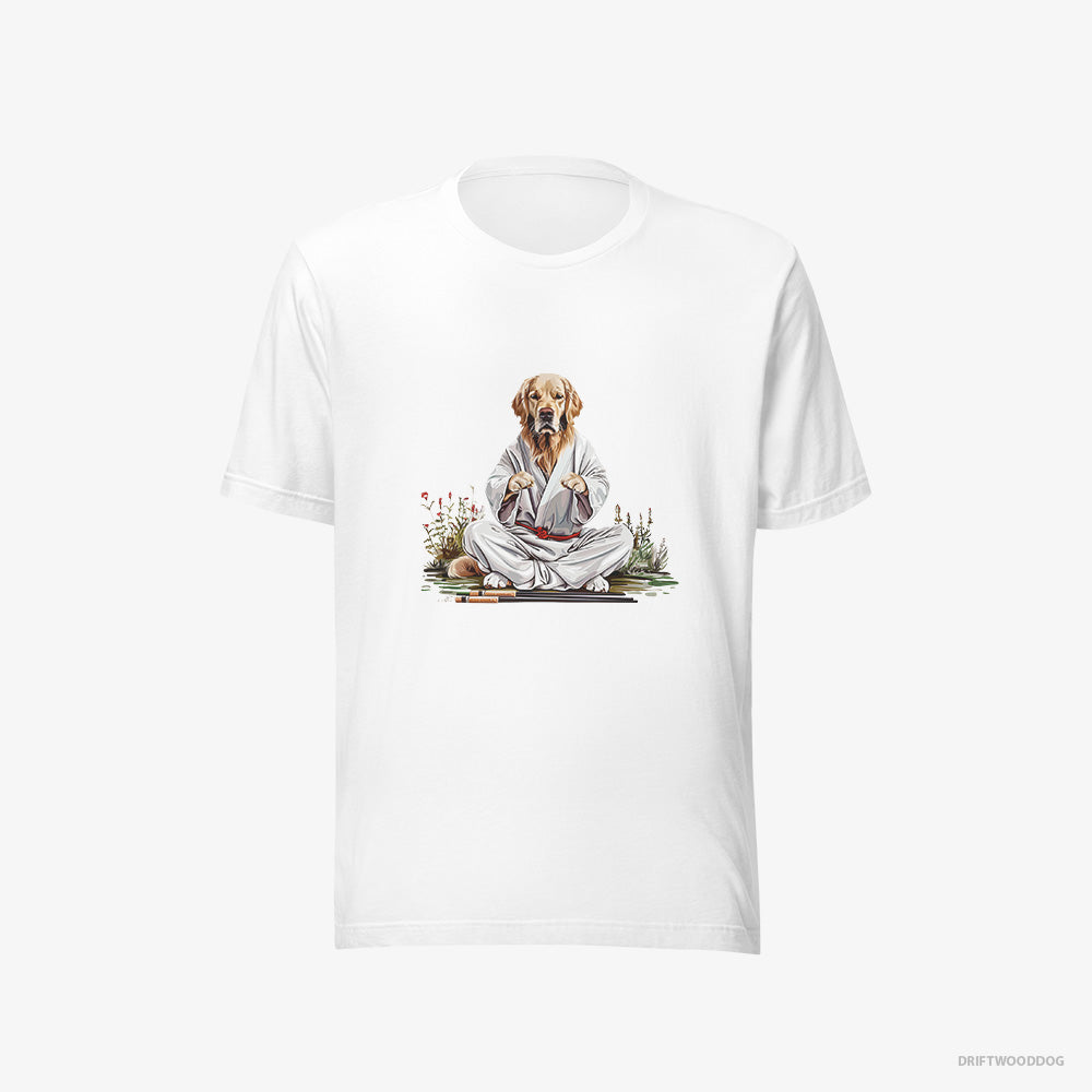 Golden Retriever T-Shirt – Women White T-Shirt Eco-Friendly – Wearing Ninja Outfit in Japanese Garden (on White Background)