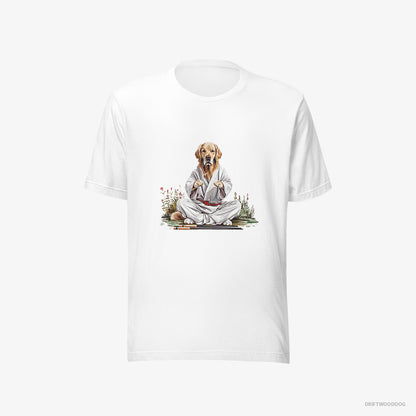 Golden Retriever T-Shirt – Women White T-Shirt Eco-Friendly – Wearing Ninja Outfit in Japanese Garden (on White Background)