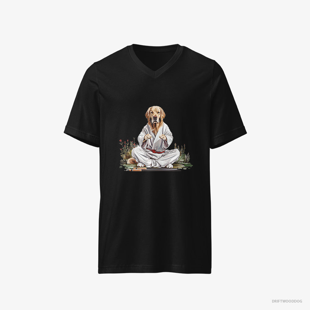 Golden Retriever T-Shirt – Men Black T-Shirt V-Neck – Wearing Ninja Outfit in Japanese Garden (on White Background)